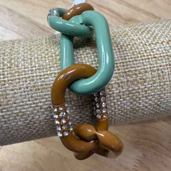 J Crew Chunky Chain Link Bracelet W/ Rhinestone Accents Green & Brown Enamel Gol - Picture 6 of 10